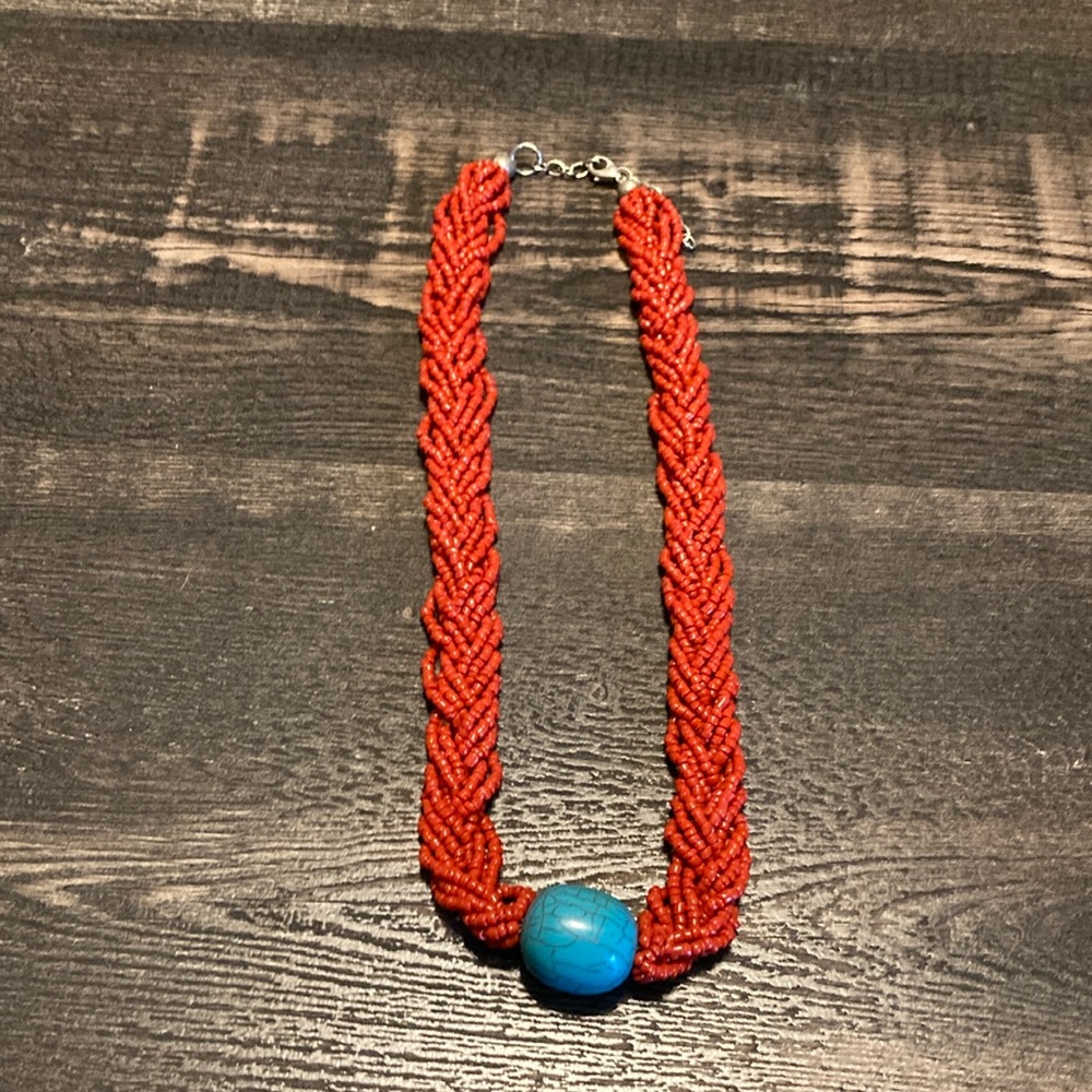 Rust and turquoise color beaded necklace, adjustable length